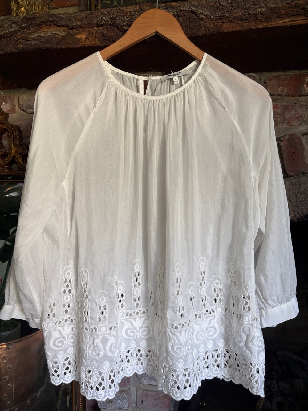 Madewell Eyelet-Edge Shirred White Semi sheer Top S Cottagecore Boho Resort EUC